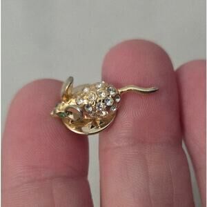 Gold Rhinestone Mouse Pin Tie Tack Green Eyes Cute Whimsical Crystal